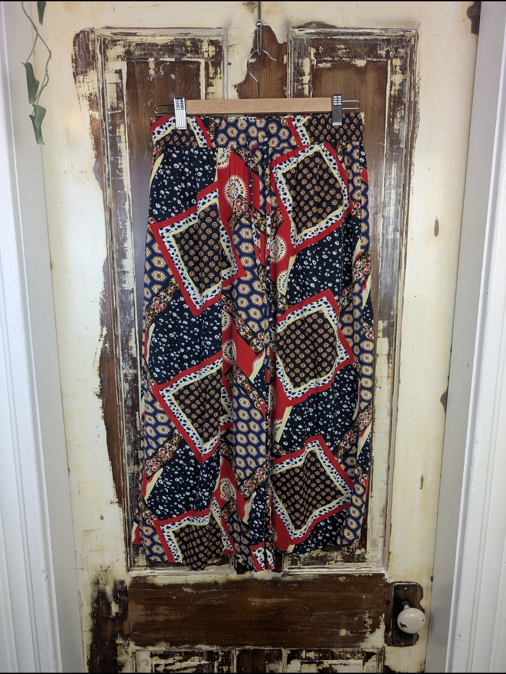 Y2K Vintage Rayon Scarf Print Wide Leg Pants Small Cropped Boho Casual Summer - Picture 2 of 9